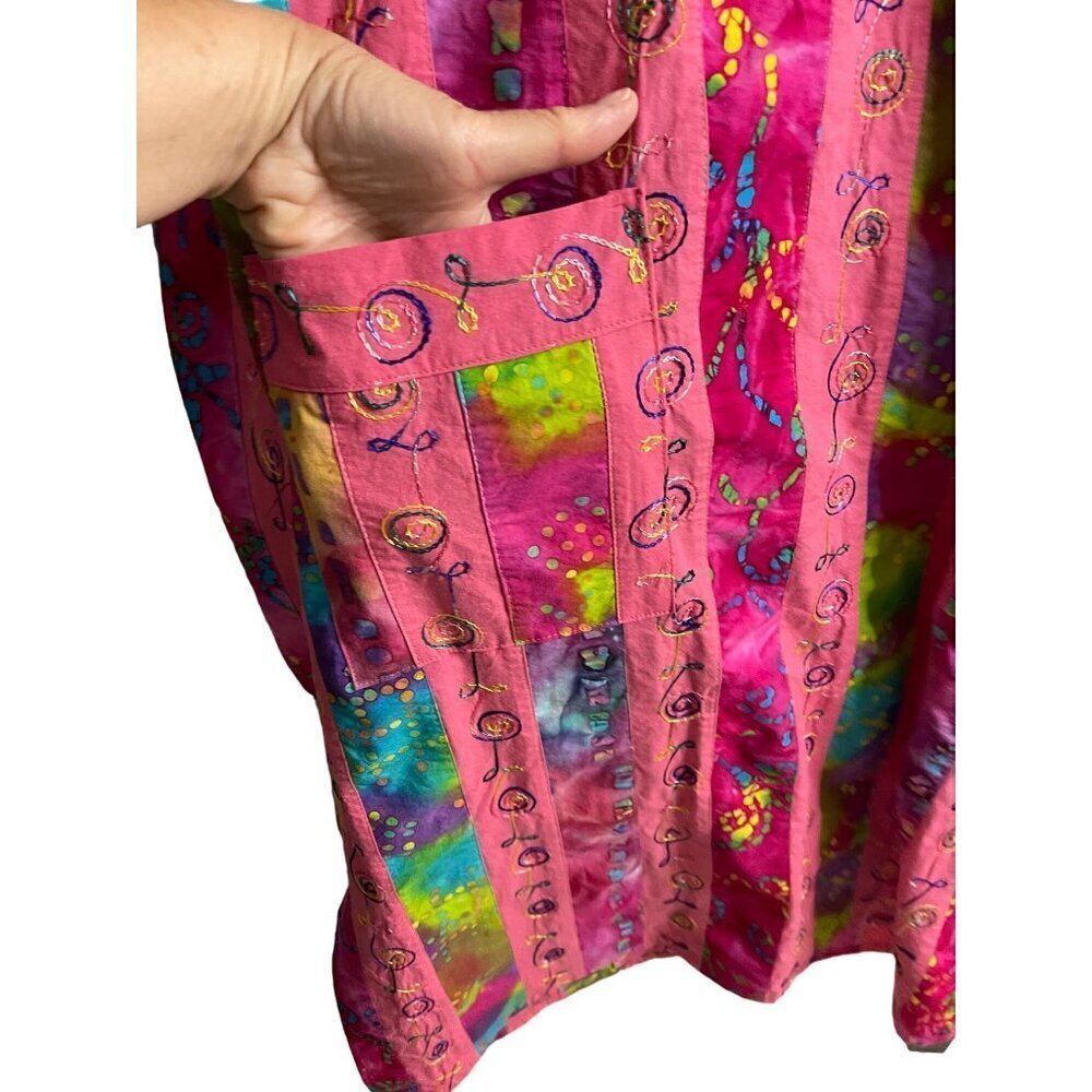 Vintage Womens Dress Size Large Pink Tie Dye Embroidered Patchwork Midi - Picture 3 of 10
